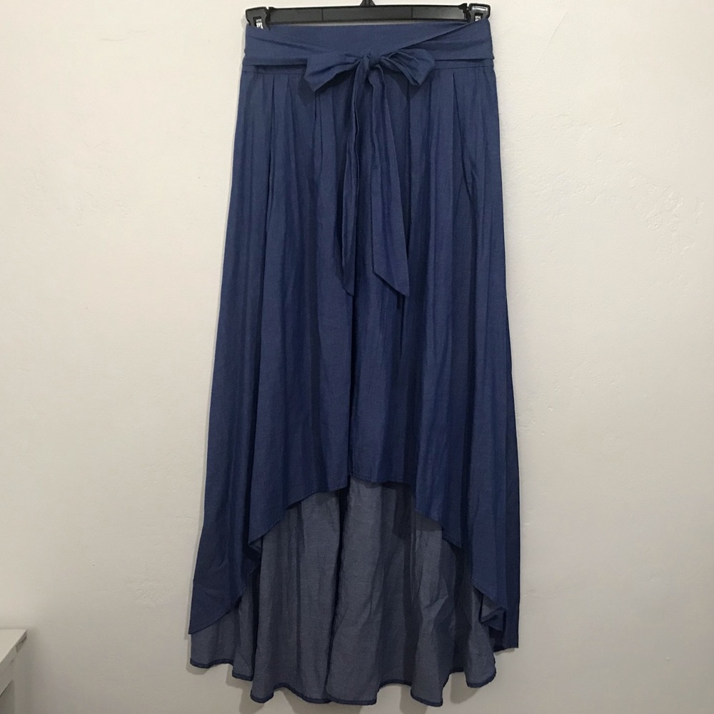 Denim chambray high low maxi skirt w attached belt